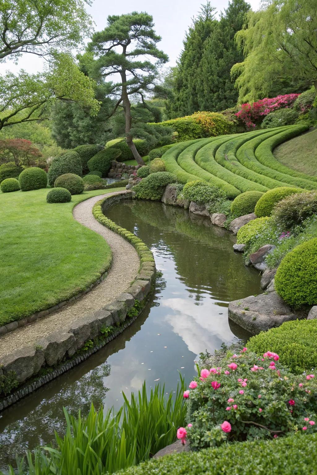 Wave-shaped topiary adding fluidity and movement to a garden with a pond.