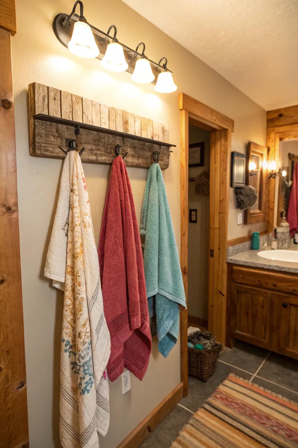 A coat rack offers a unique and practical towel storage solution.