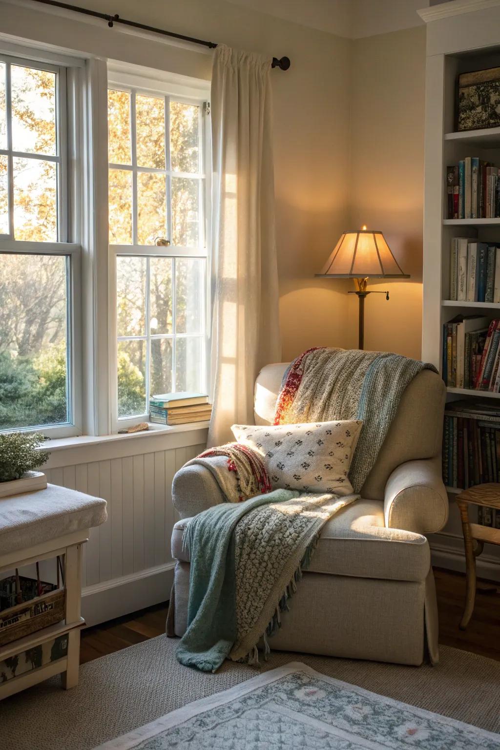 A cozy reading nook offers a peaceful retreat within this townhouse bedroom.