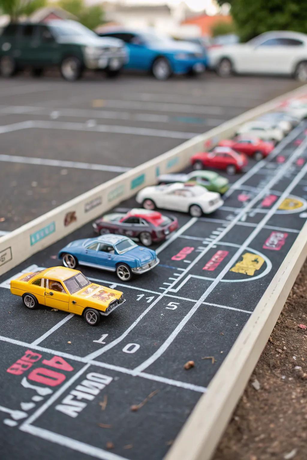 A toy car display inspired by a parking lot.