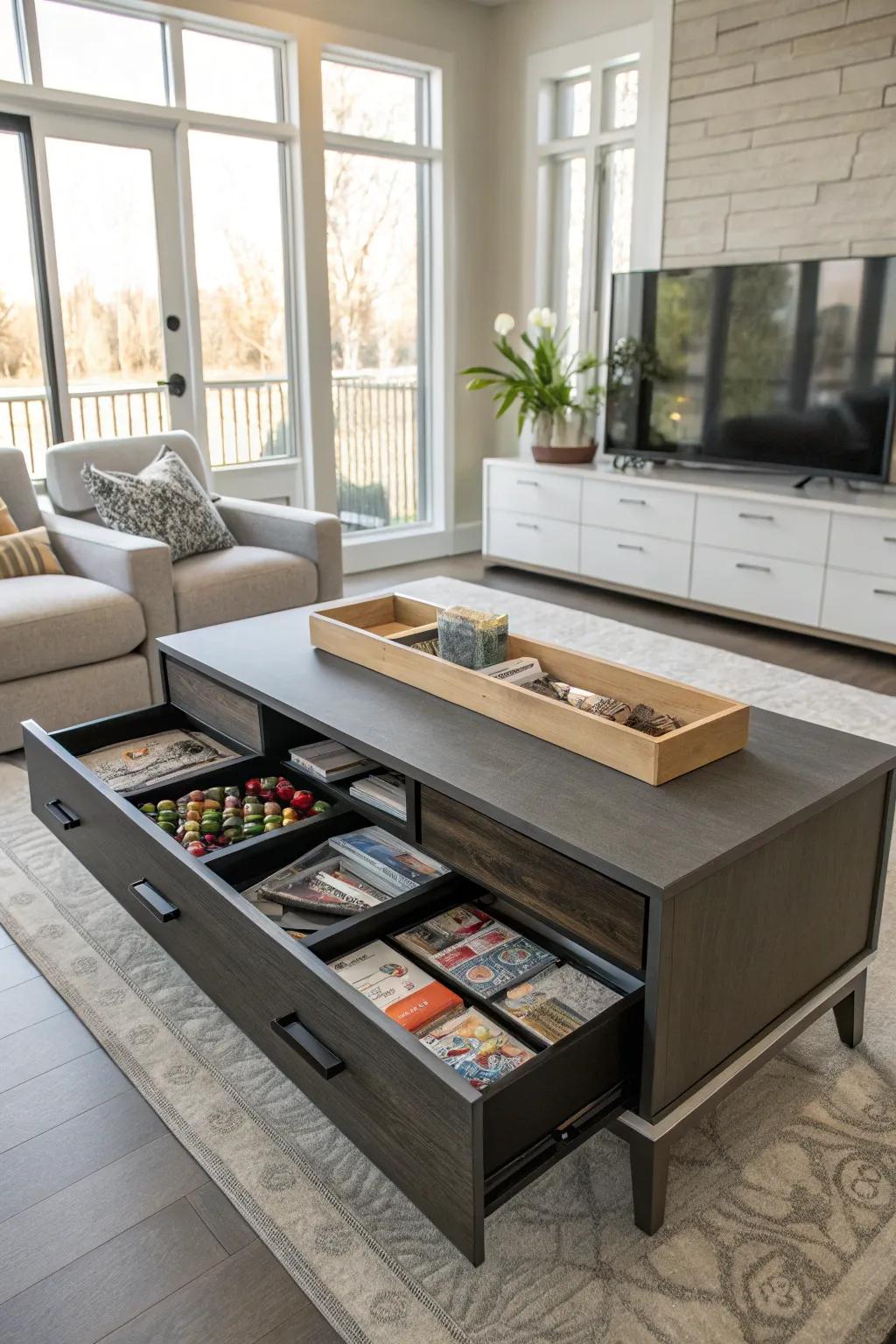 A coffee table with drawers provides hidden toy storage.