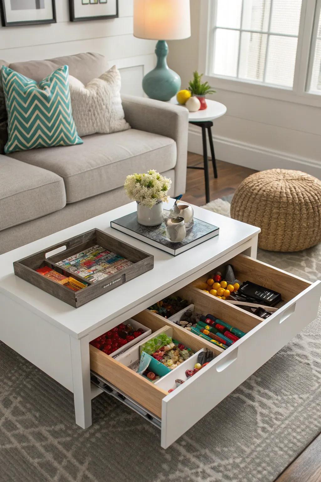 Multi-purpose coffee table with hidden storage for toys.