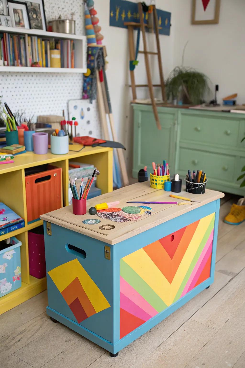 A DIY painted toy box showcases creativity and personal style.