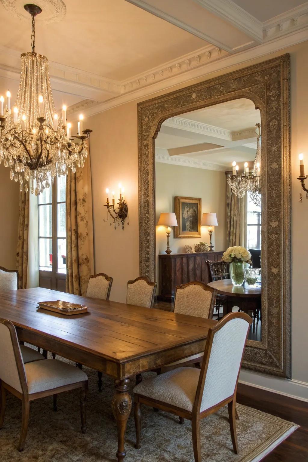 A vintage mirror reflects light and adds elegance to the dining room.