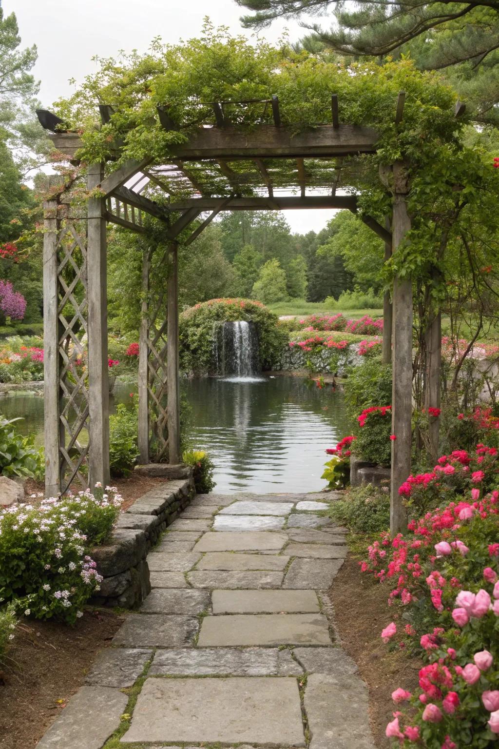 A water feature complements a trellis arbor beautifully.