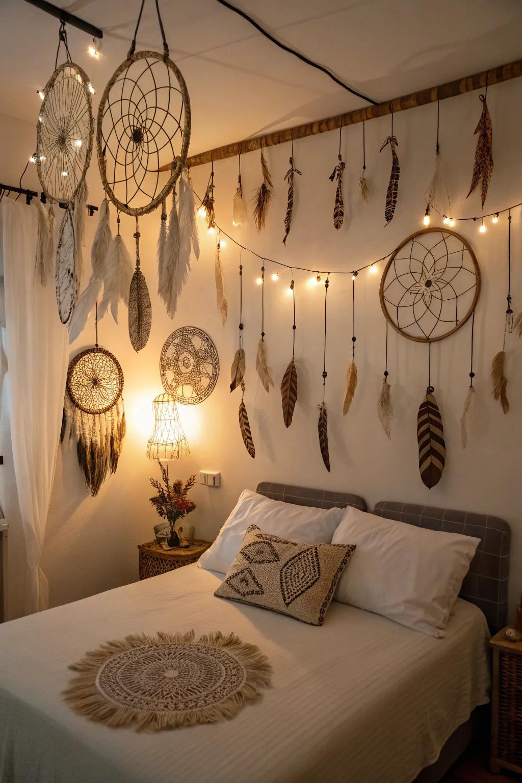 Feathers and dreamcatchers provide a spiritual and whimsical aura.