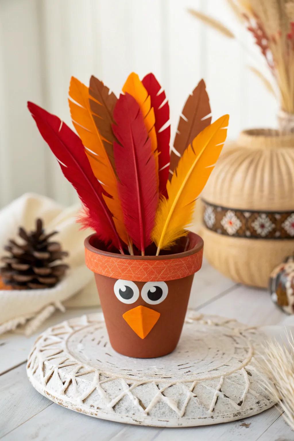 Craft a charming autumn centerpiece with a minimalist clay pot turkey, perfect for adding a touch of warmth and elegance to your decor.