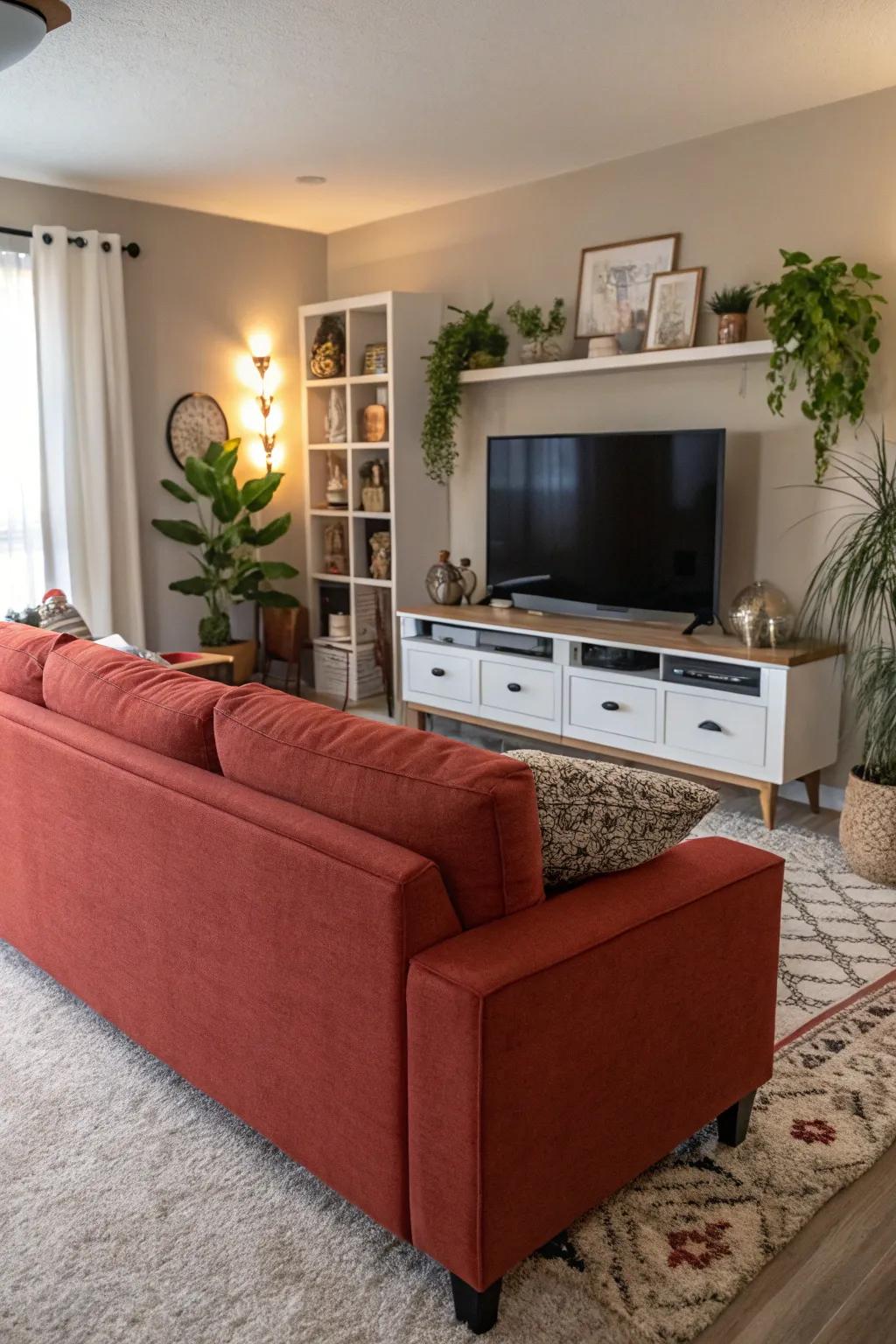 A statement sofa can balance the visual focus in your living room.