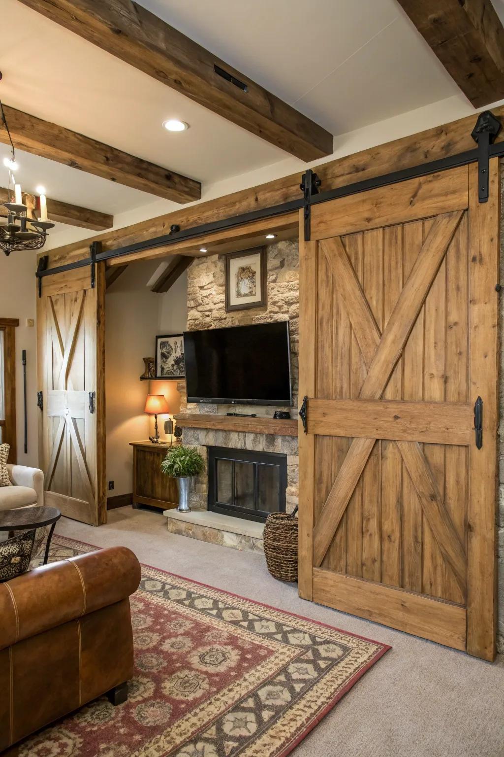 Barn doors add rustic charm while hiding your TV.