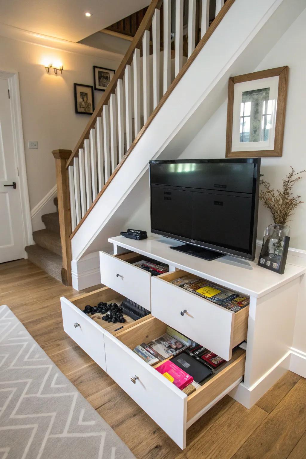 Hidden storage marvel with a TV unit under the stairs.