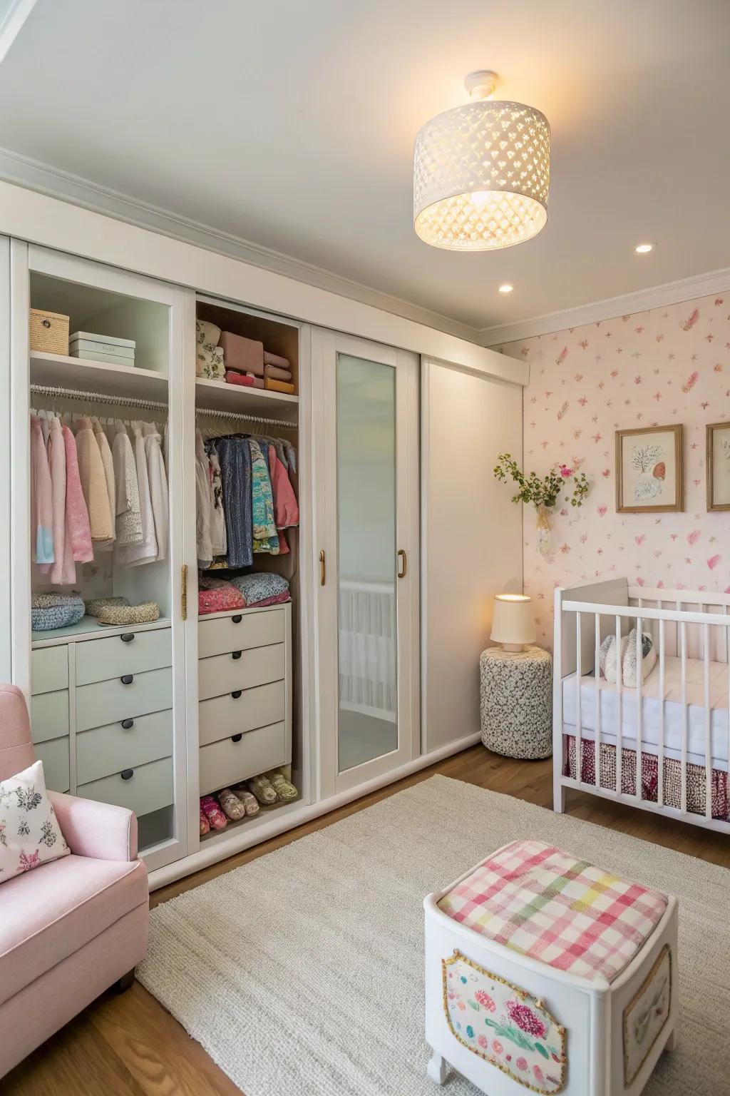 Sliding doors optimize space in a compact nursery.