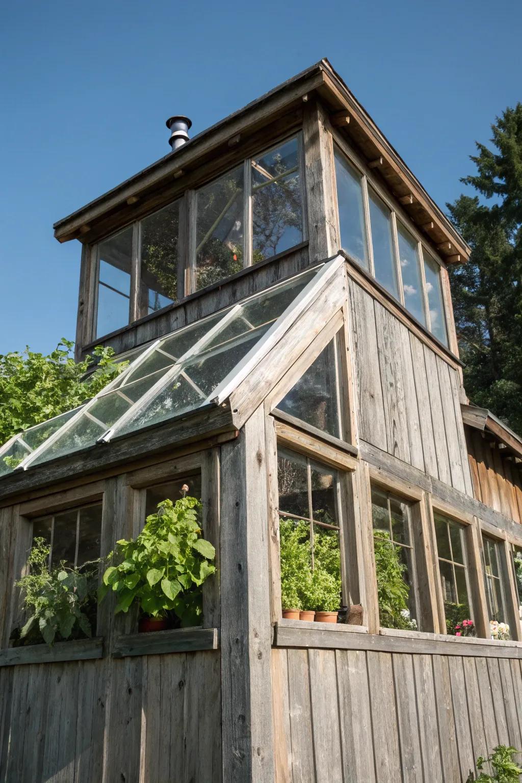 Elevate your shed with a greenhouse top floor – where craftsmanship meets thriving nature.