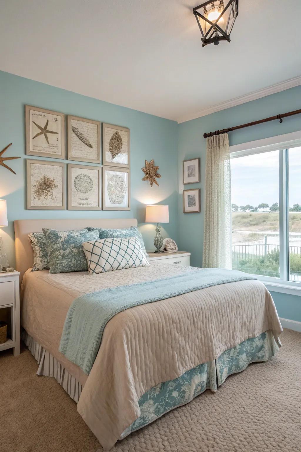 A serene two-tone bedroom in sky blue and sandy beige with coastal elements.