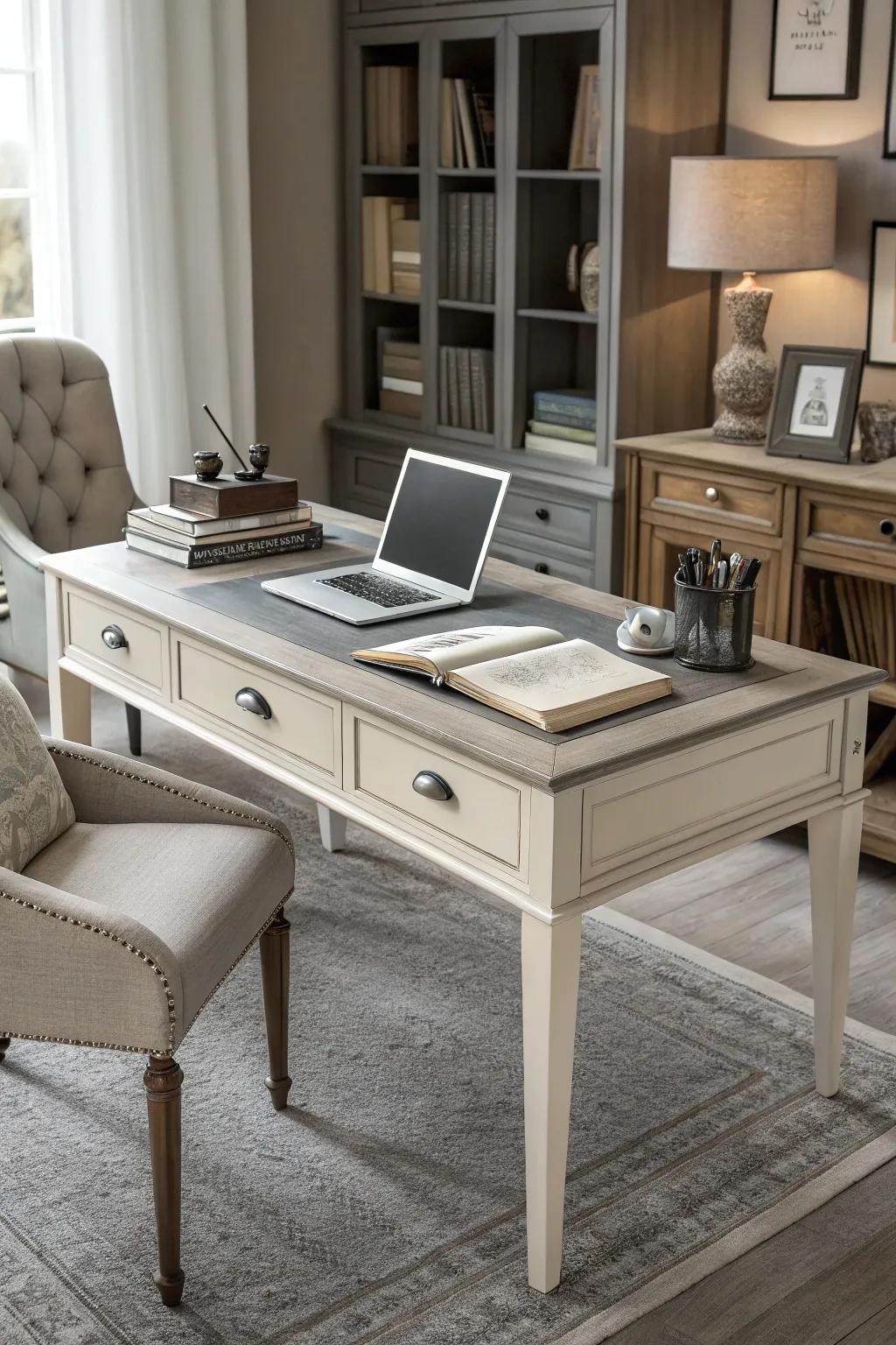 Sophisticated shades of gray create a serene desk environment.