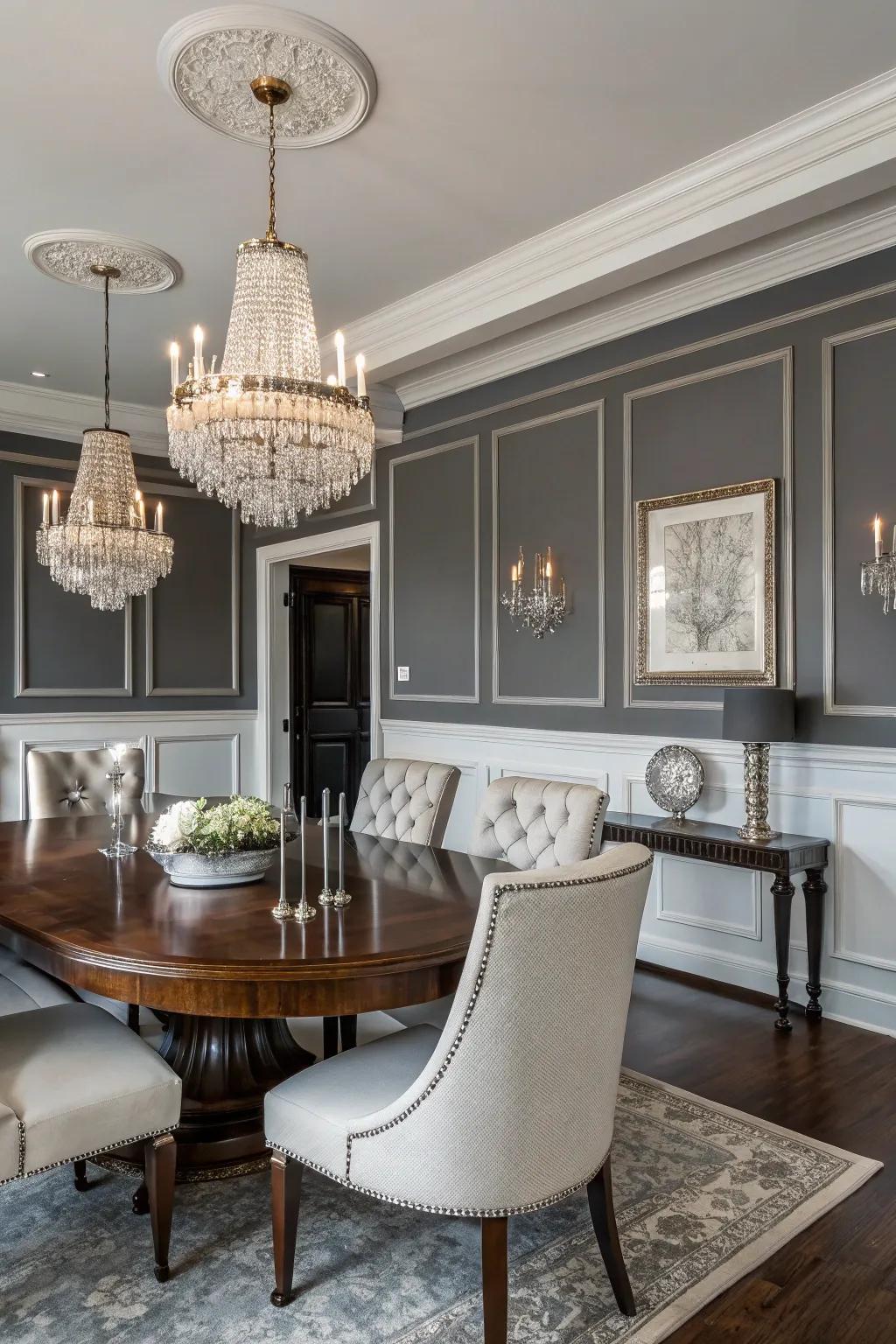 An elegant dining room with a sophisticated monochrome wall.