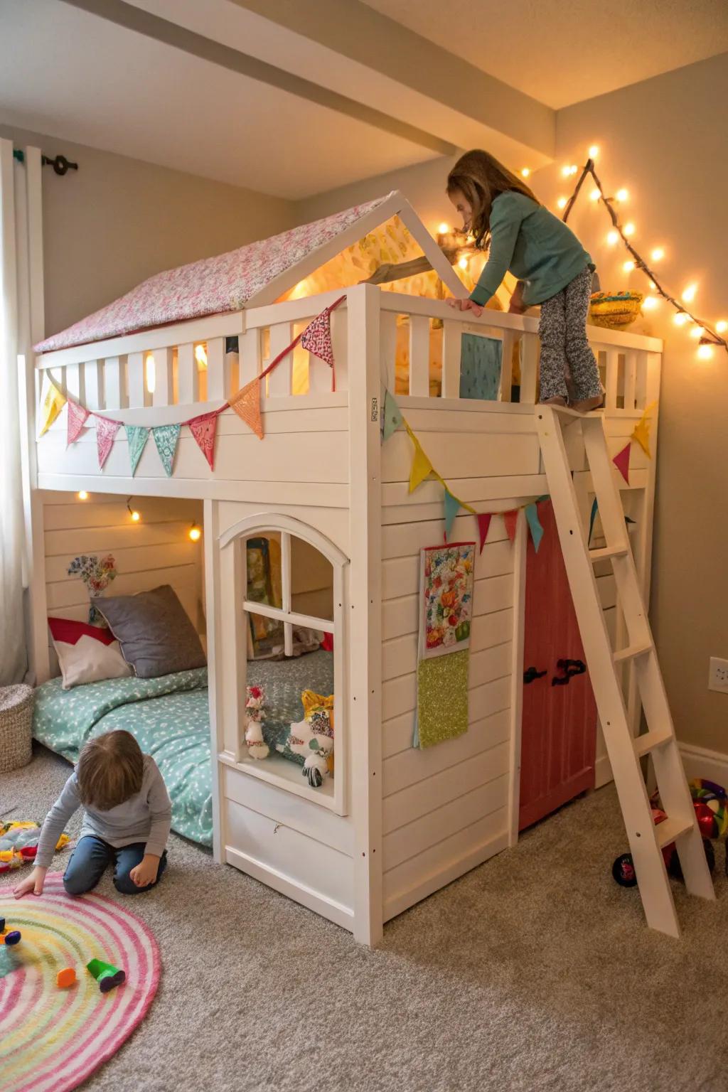 A whimsical playhouse beneath a loft bed.