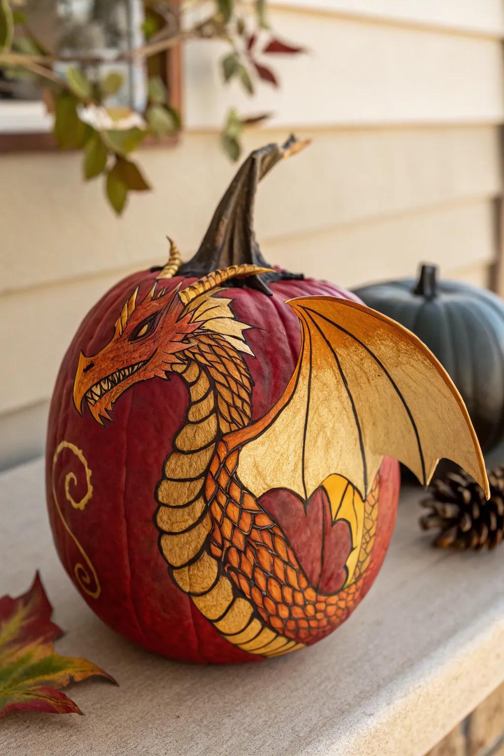 Unleash your creativity with a Noble Dragon pumpkin, where fiery colors and handcrafted wings bring mythical elegance to life.
