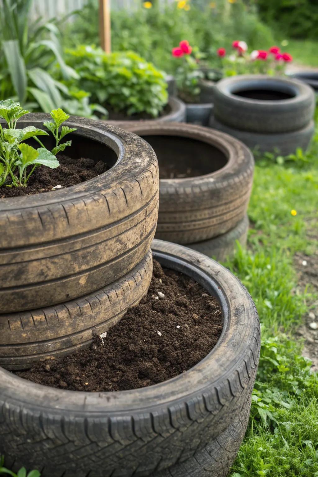 Transform old tires into a stylish and eco-friendly compost bin for a thriving garden.