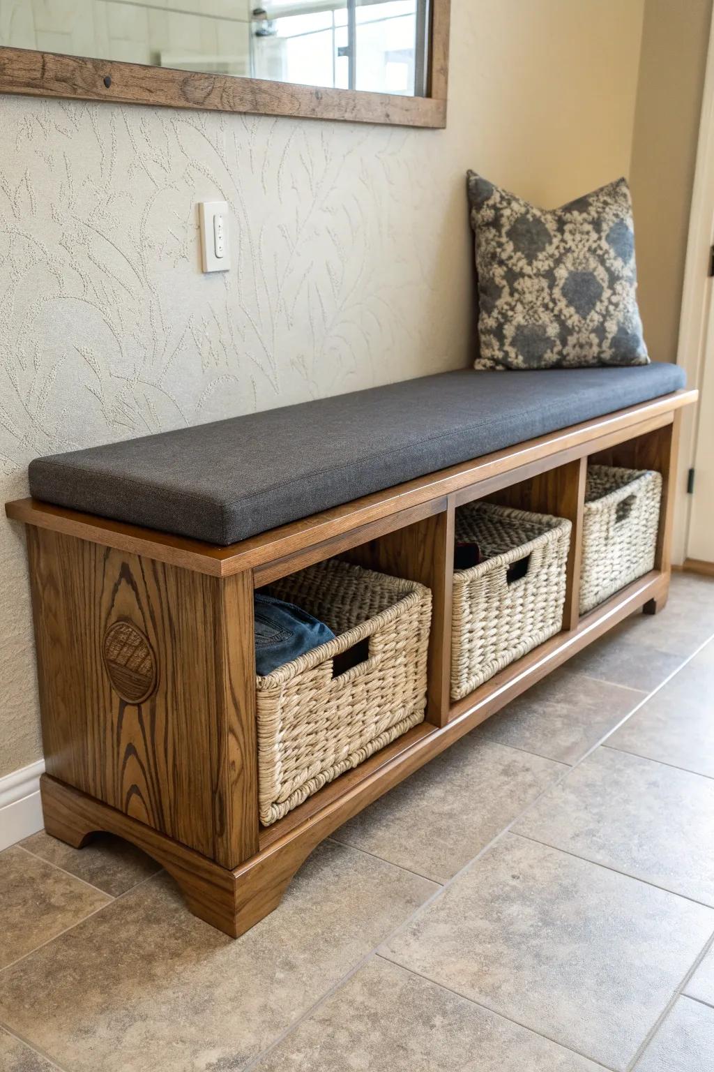 Craftsmanship meets style: Transform your old TV stand into a chic entryway bench.