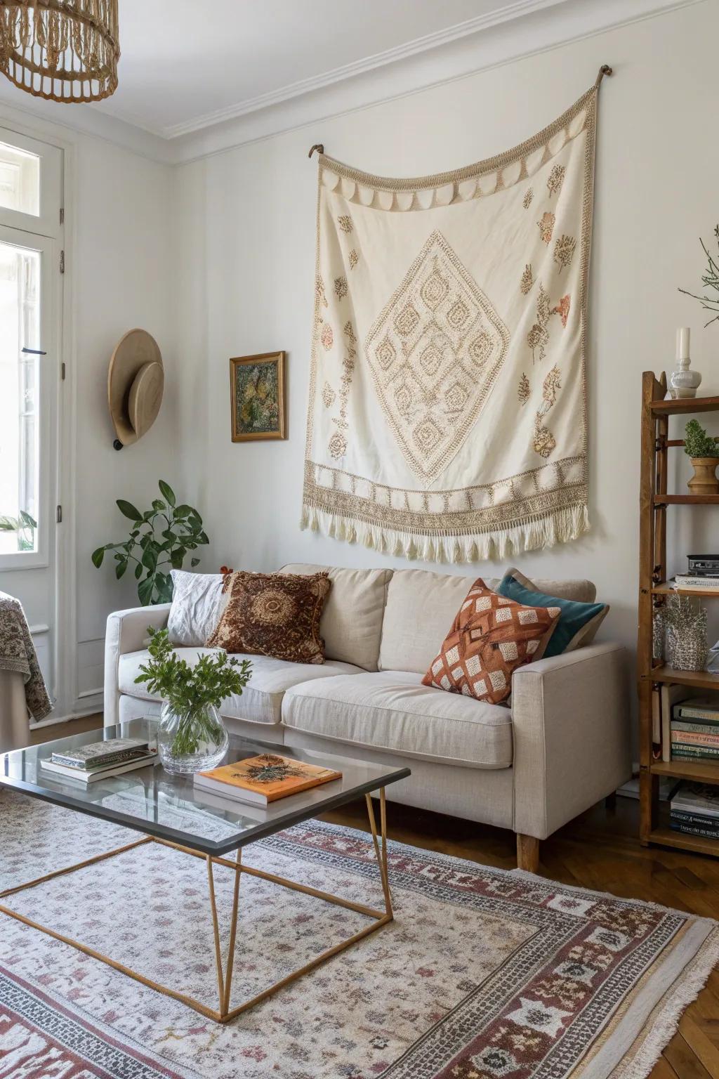 Bring texture and history to your walls with vintage linen hangings.