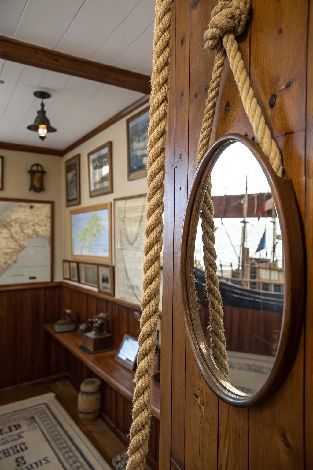 Rope hangers give mirrors a rustic, nautical flair.