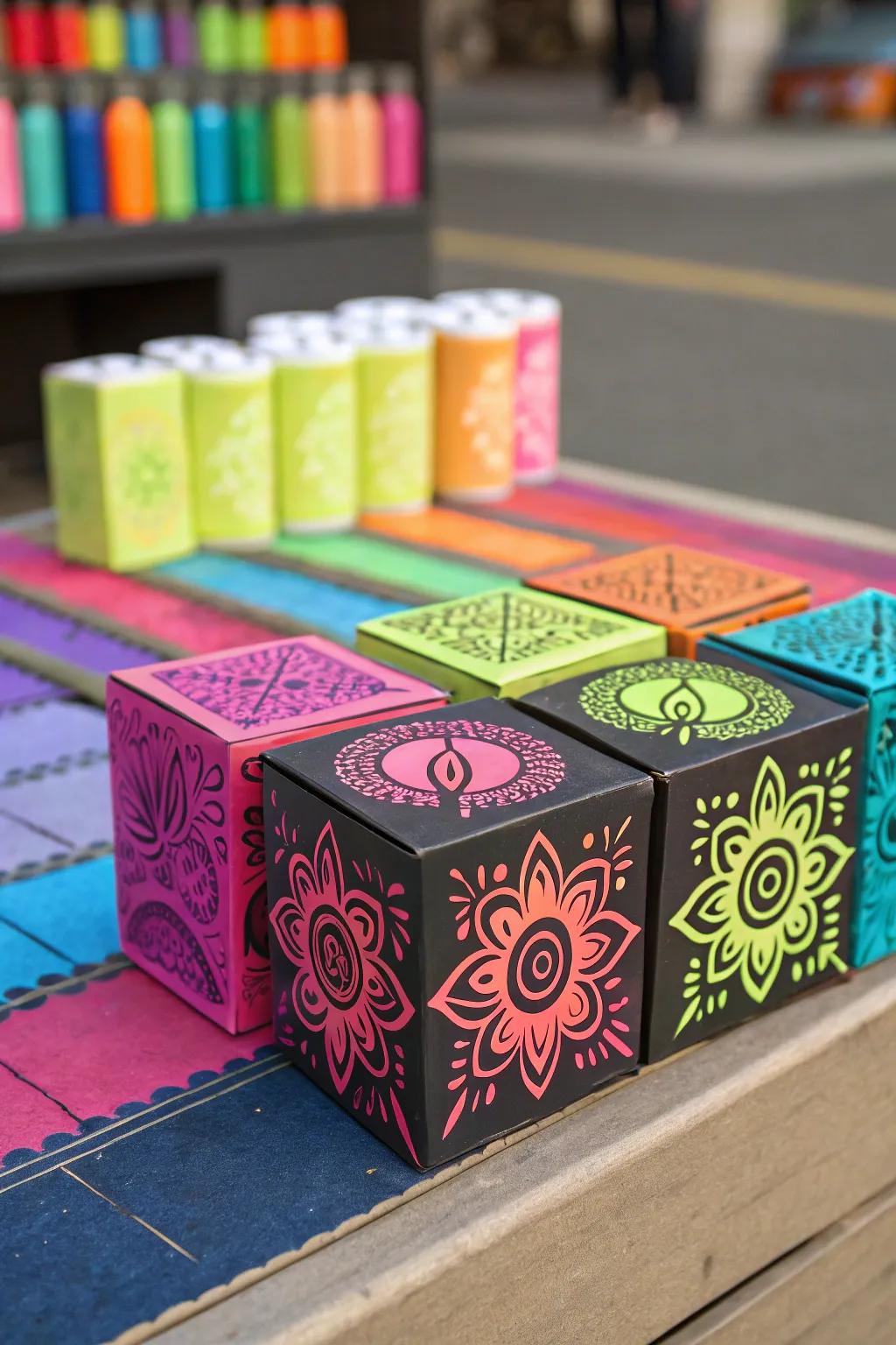 Stenciled truffle boxes for a vibrant gift presentation.