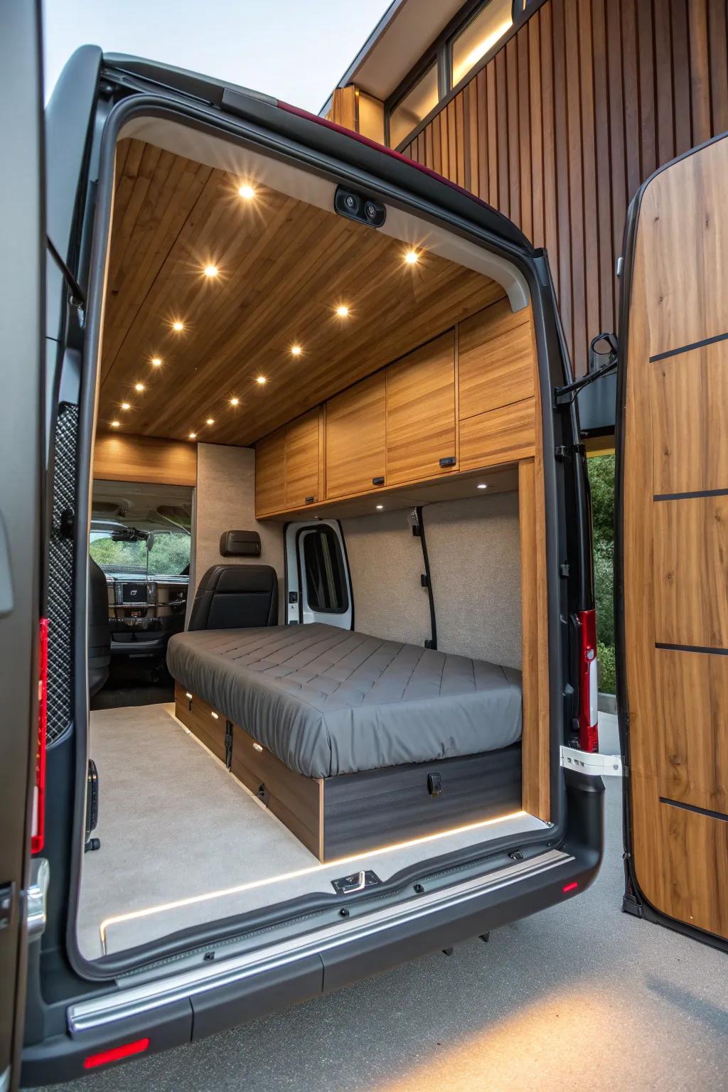 Maximize your van space with a sophisticated Murphy bed. Fold away comfort and indulge in craftsmanship.