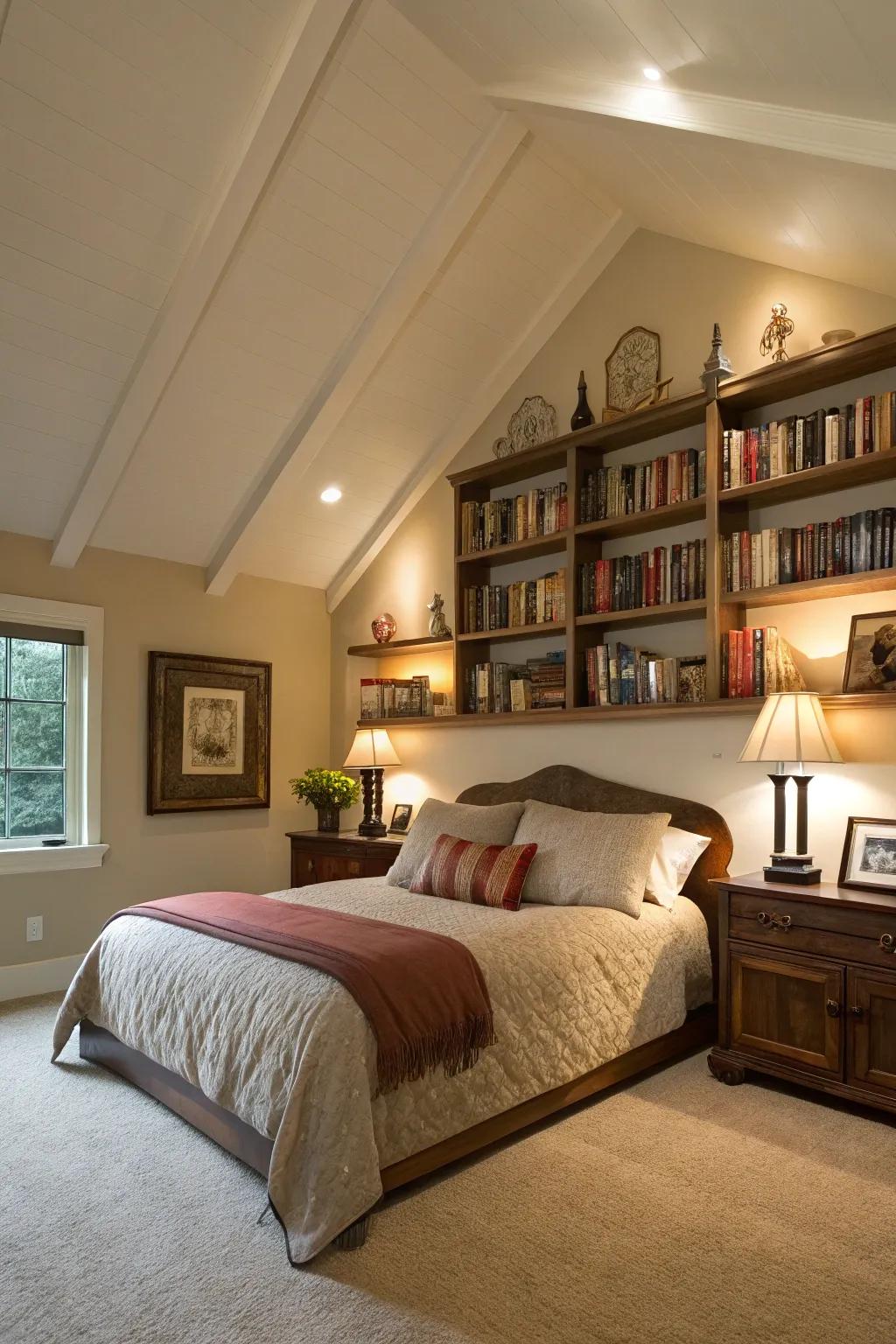 Floating shelves add function and charm to a bedroom with a vaulted ceiling.