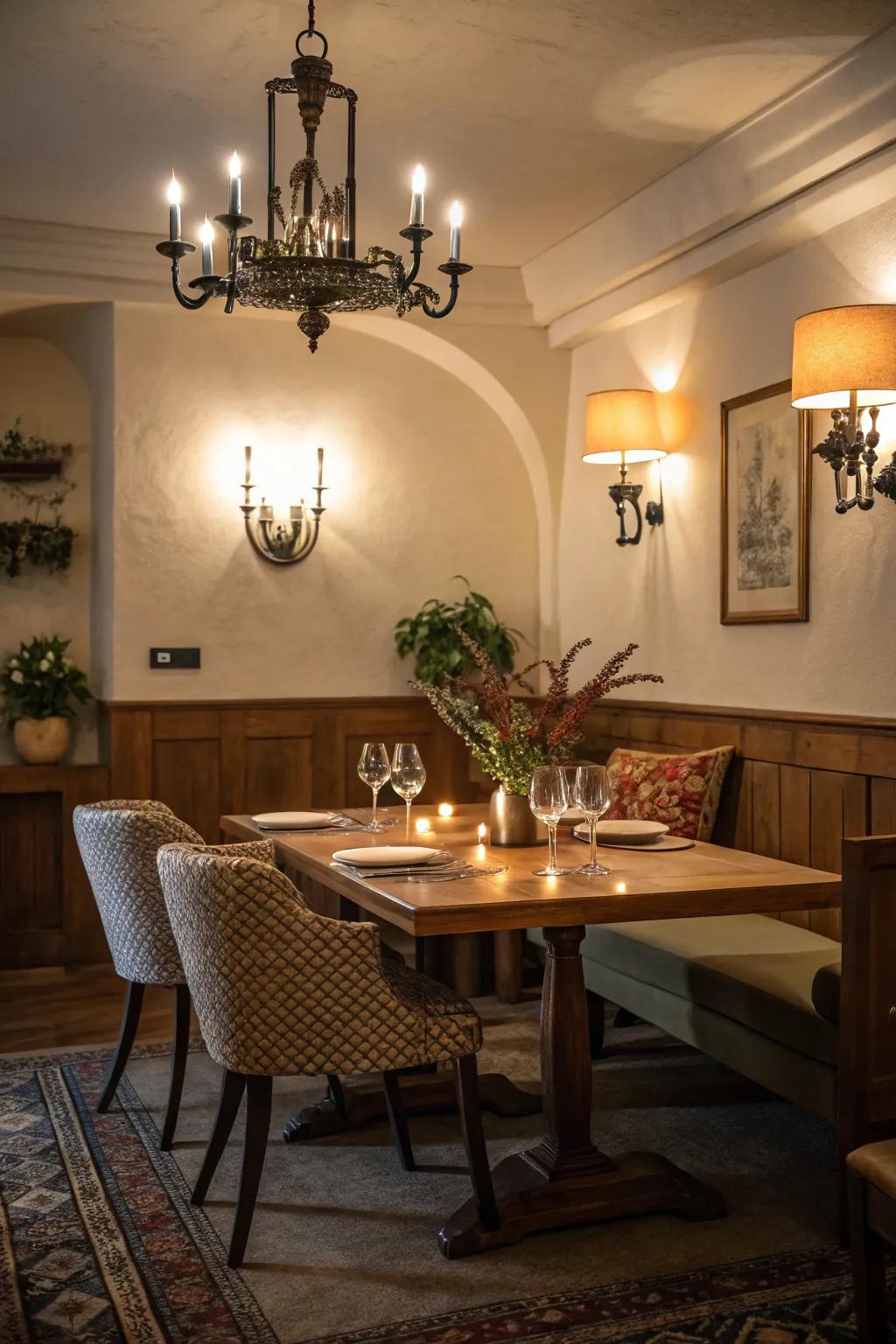 Vintage sconces cast a warm glow, enhancing the character of this dining room.