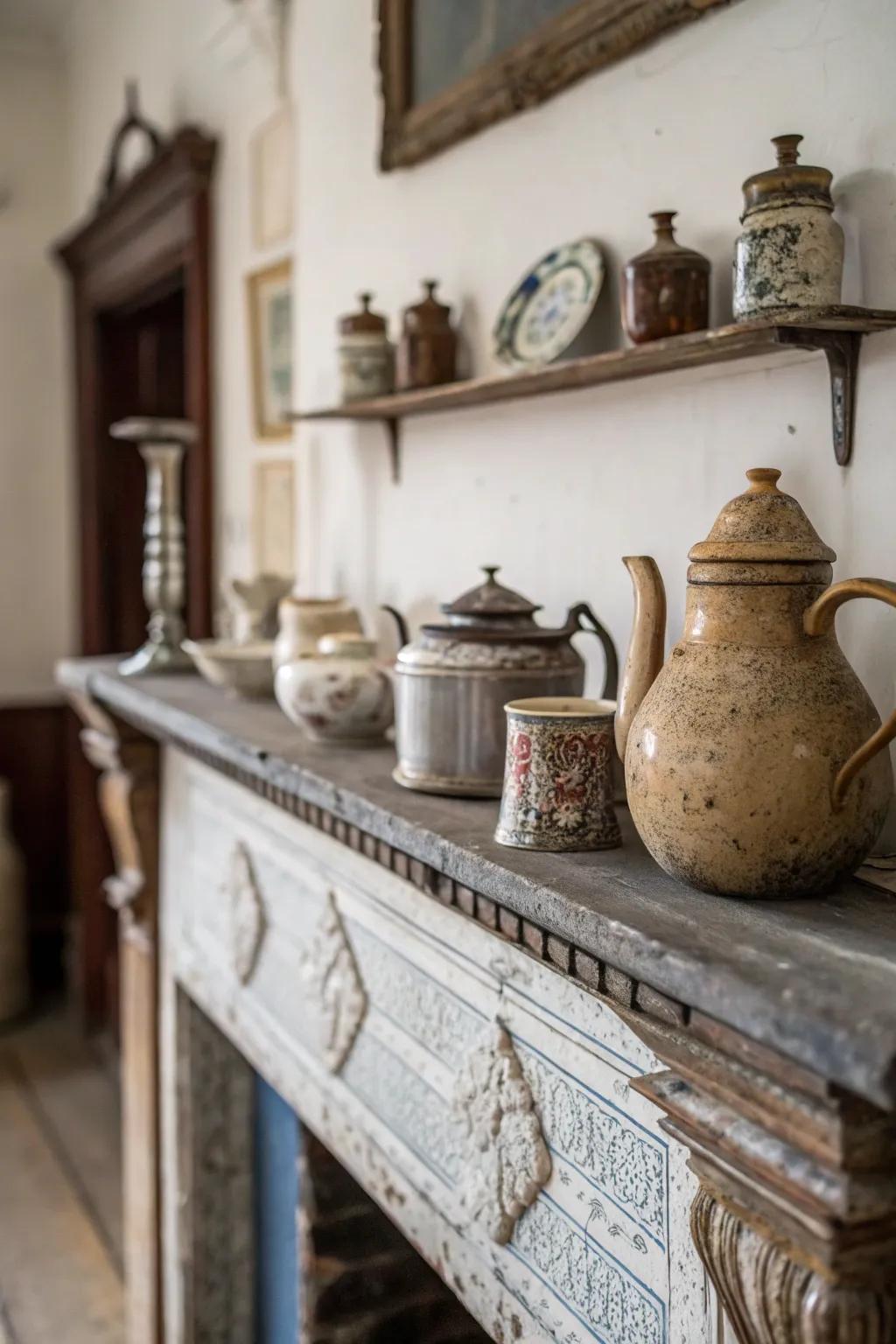 Vintage kitchenware brings rustic charm to this classic mantel arrangement.