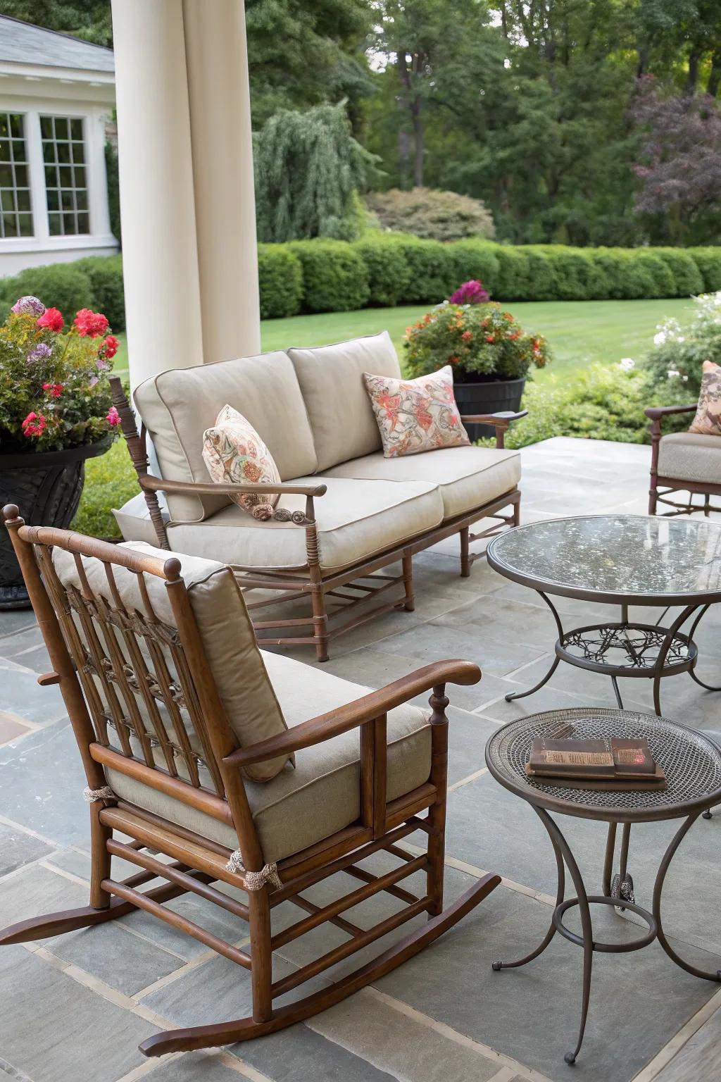 A harmonious blend of vintage and modern furniture on this stylish patio.