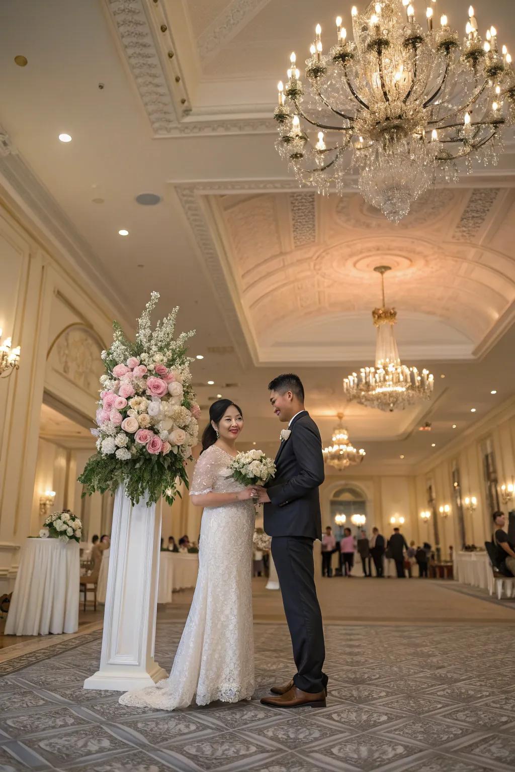 A luxurious vow renewal in a glamorous hotel setting.