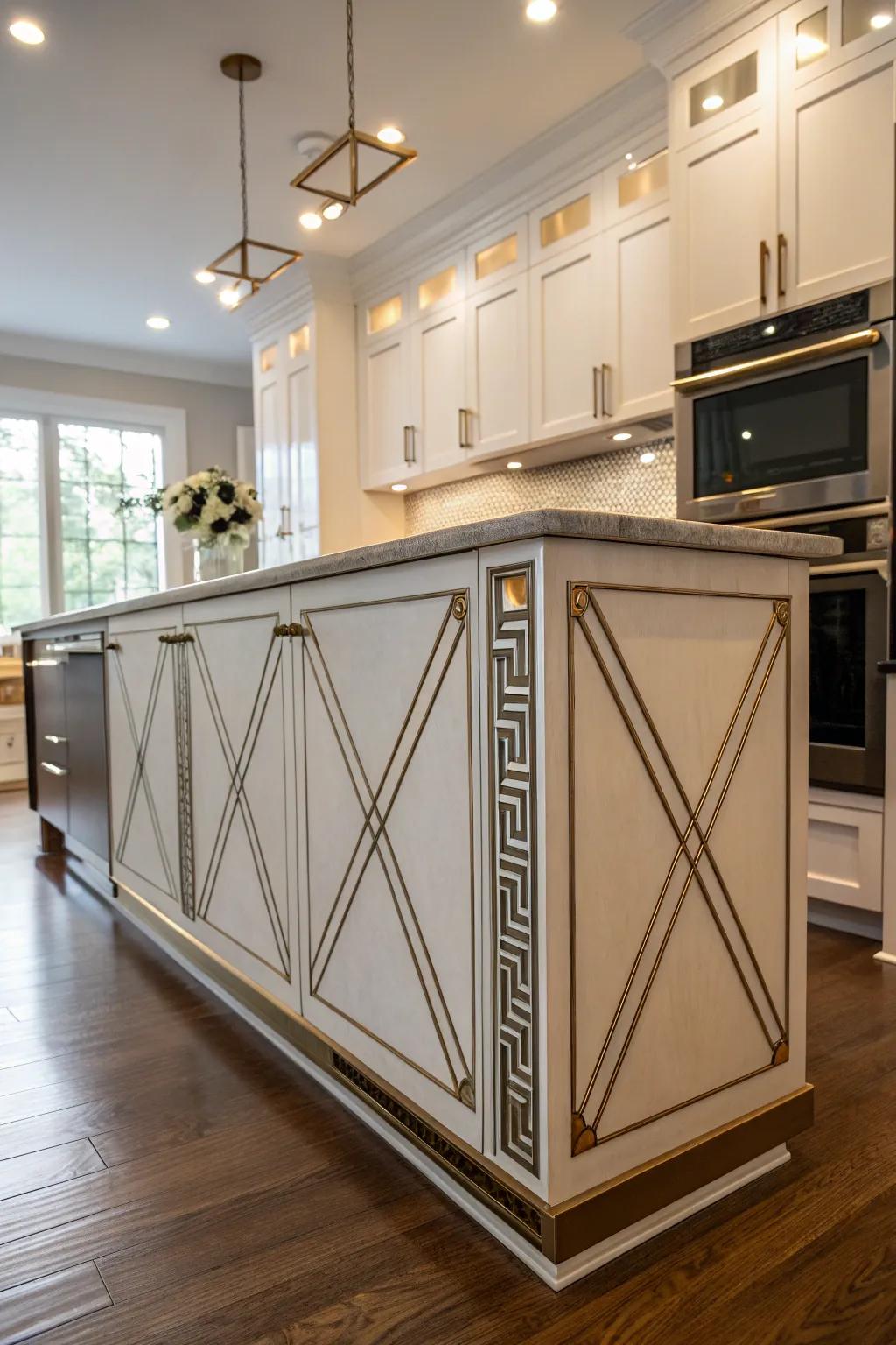 Art Deco-inspired wainscoting adds vintage glamour to this kitchen island.