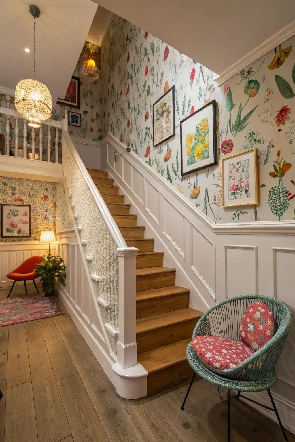 Wallpaper adds a playful touch to wainscoting in your stairwell.