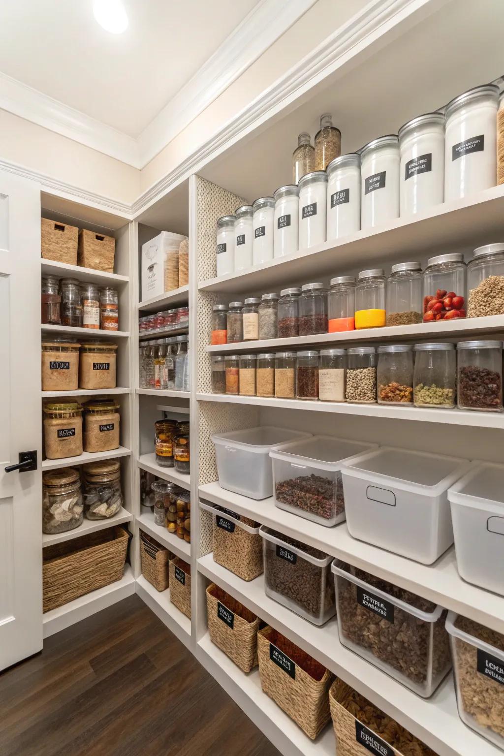 Labeled containers and shelves for a well-organized walk-in pantry.