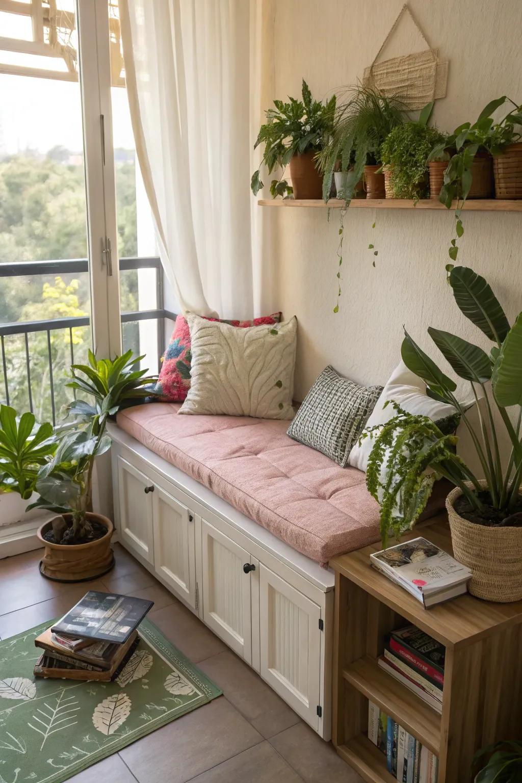 A corner bench providing extra seating and storage.