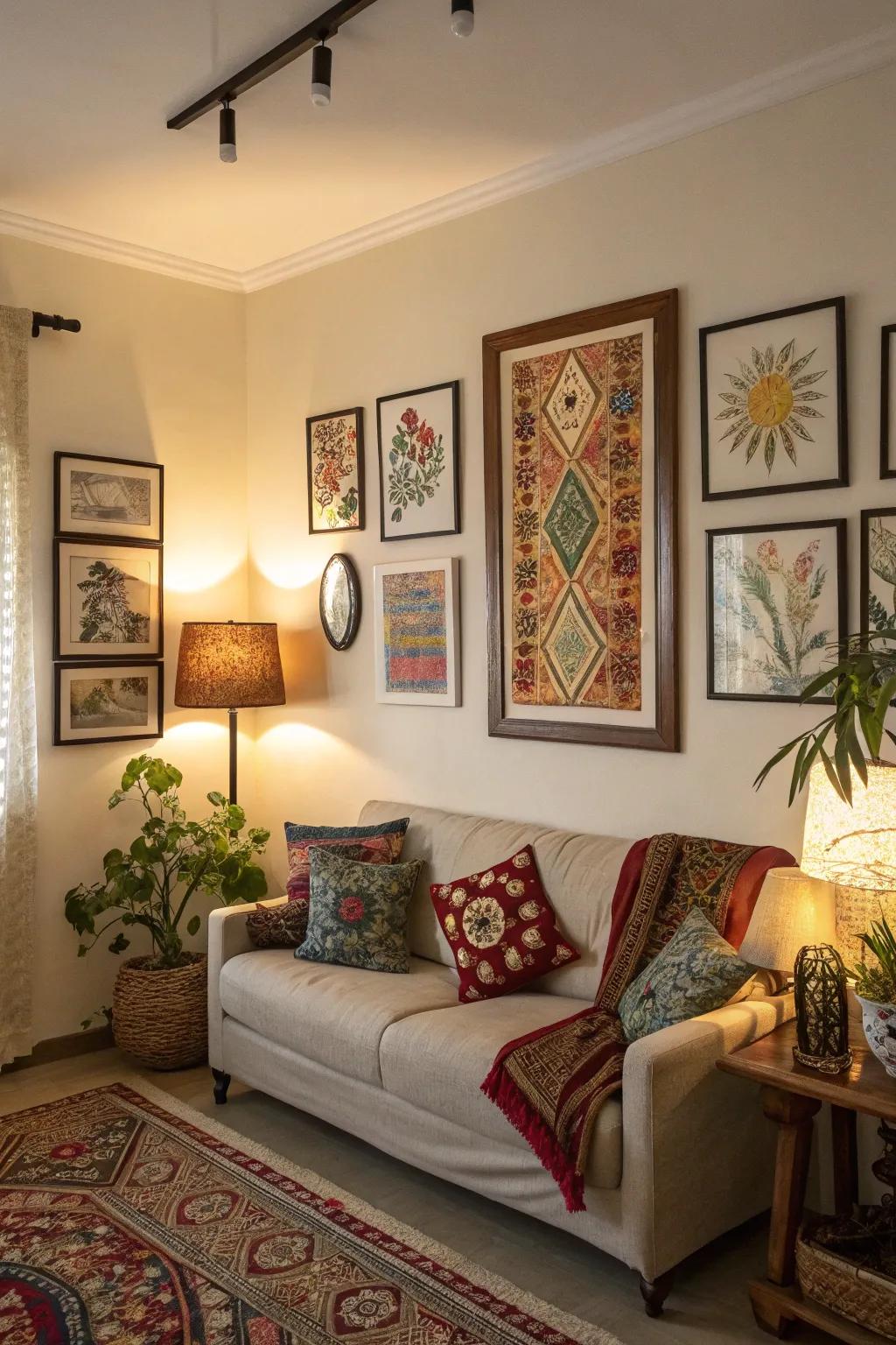 Framed fabric art adds a unique and personal touch to this living room.