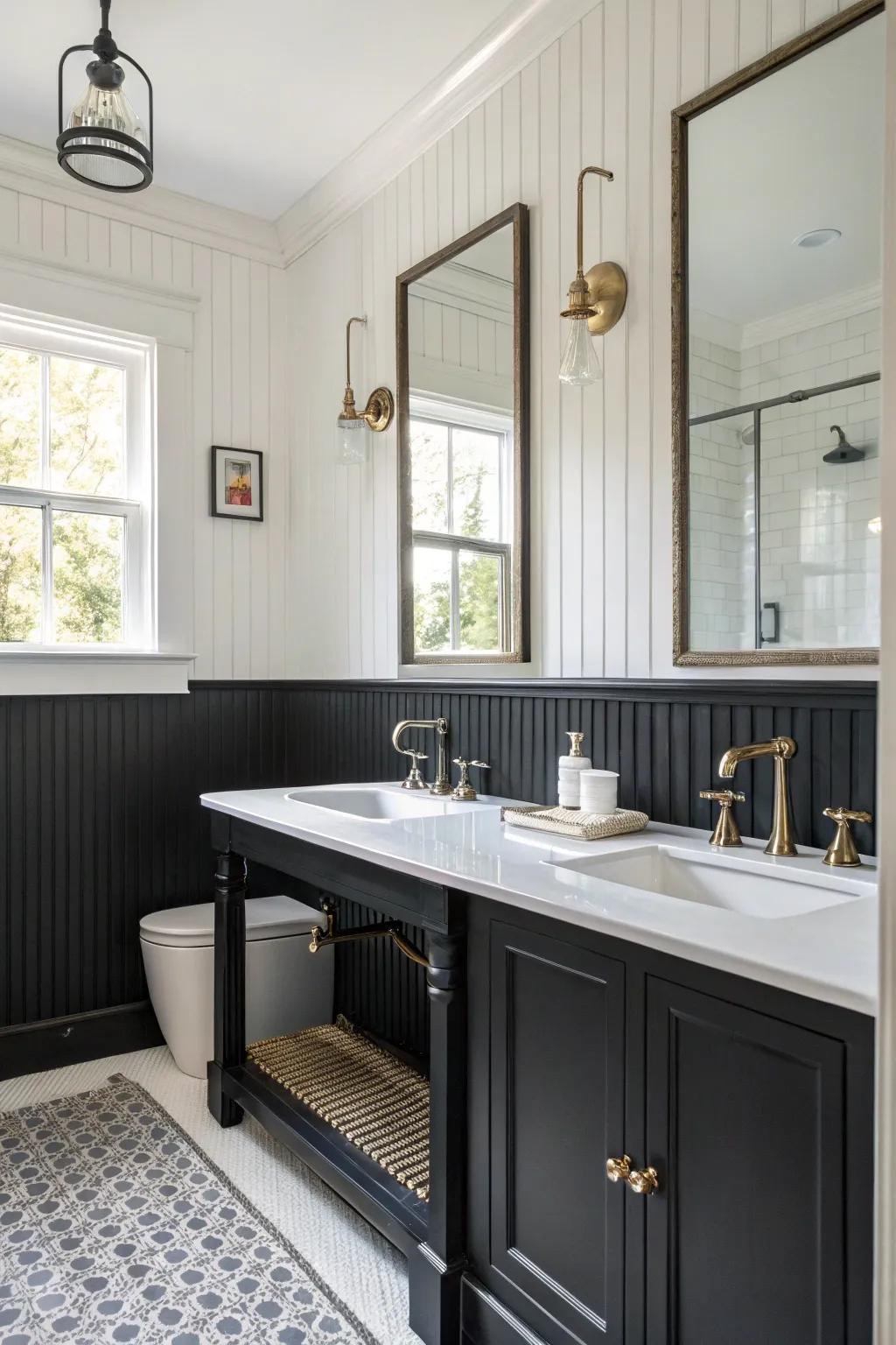 Bathroom featuring bold black beaded-board wainscoting.