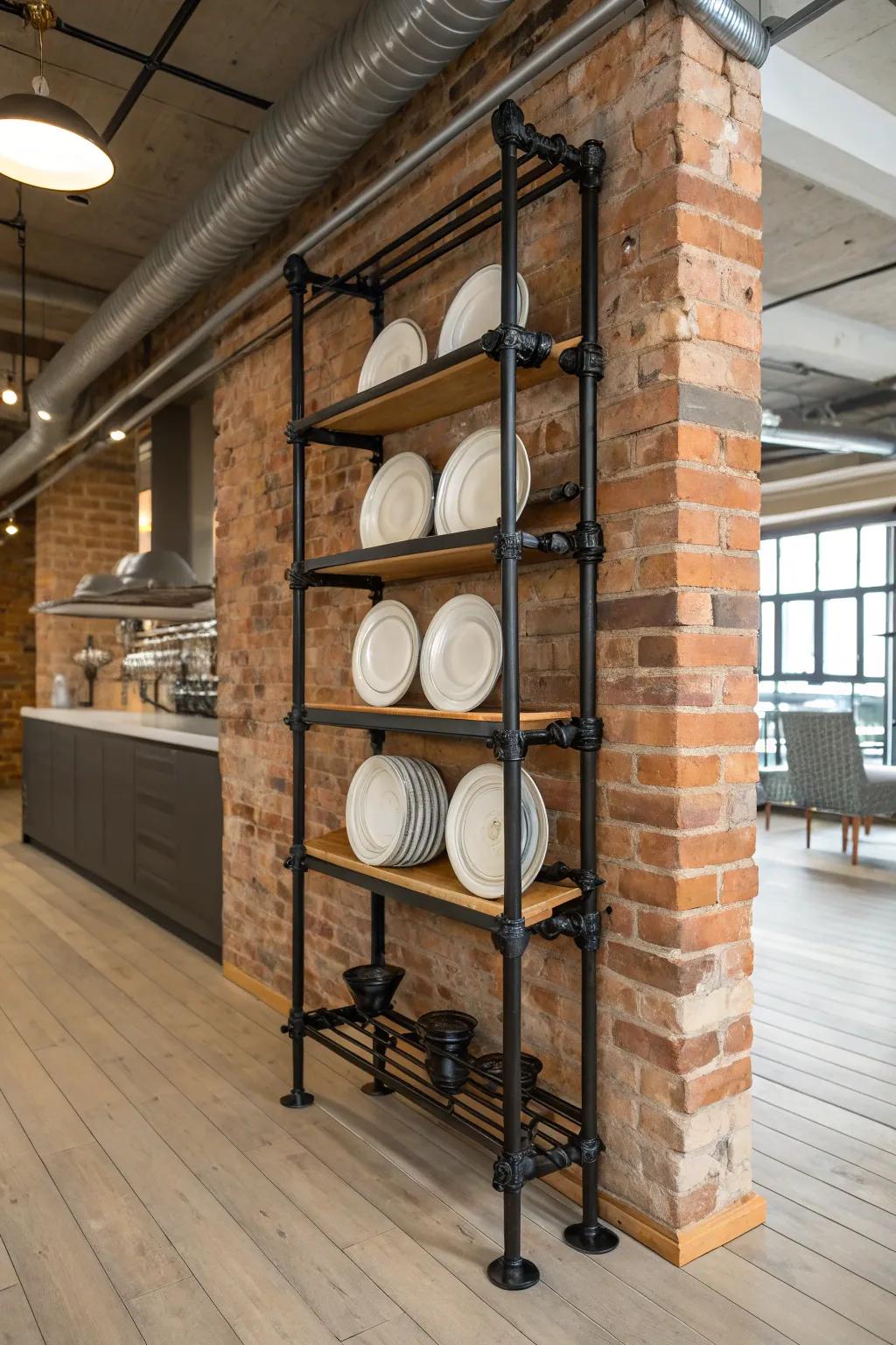 An industrial plate rack adding an edgy feel to the space.