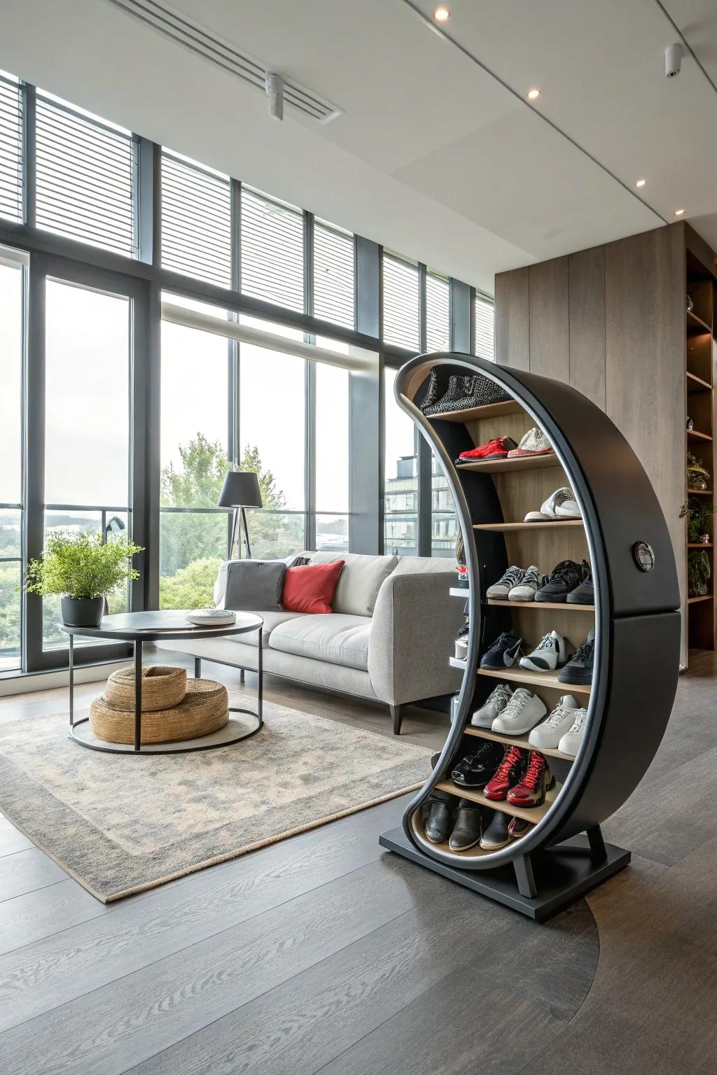 A revolving shoe wheel adds a futuristic flair to shoe display.