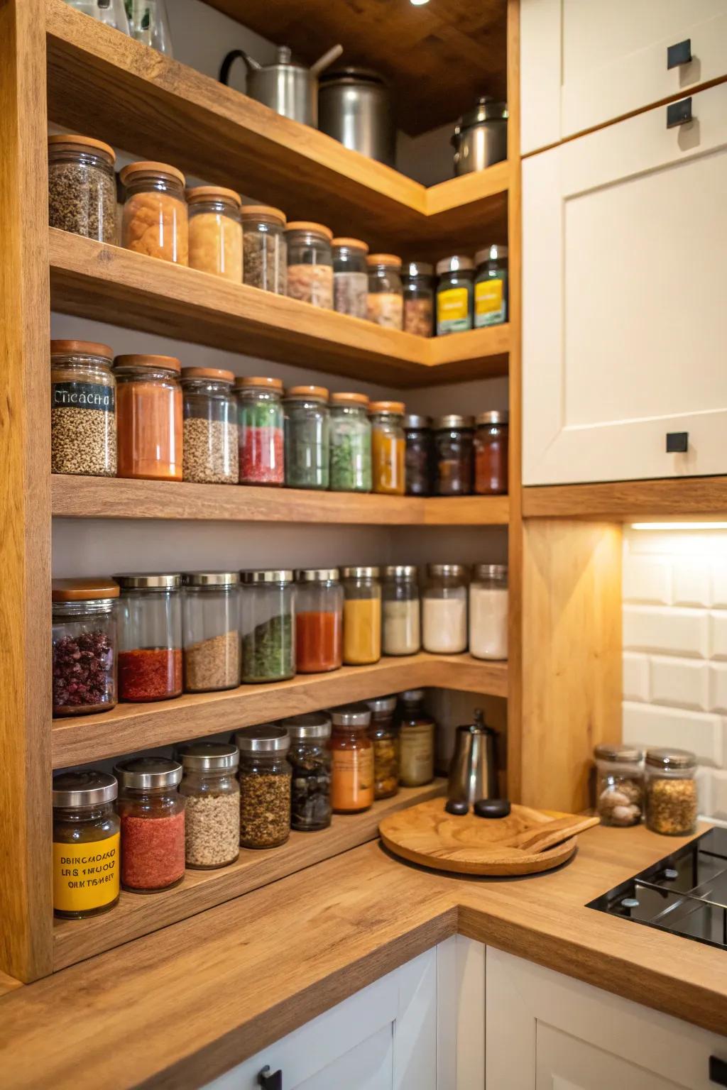 Corner shelves maximize otherwise unused space.