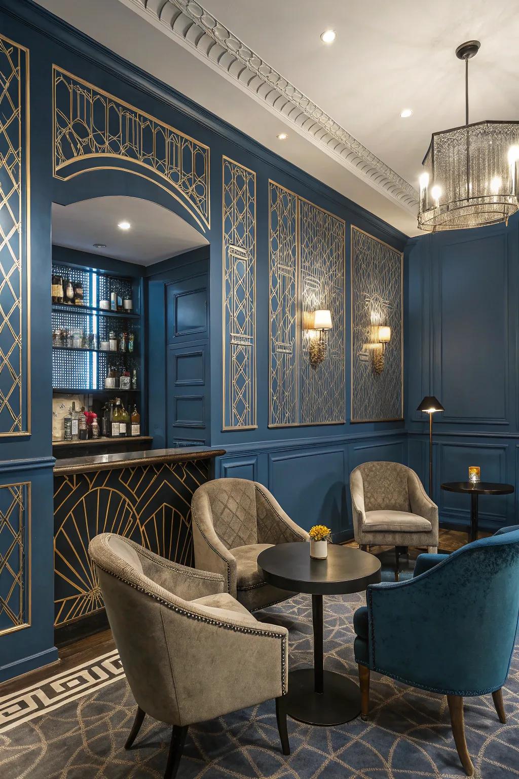 A chic lounge with Art Deco wallpaper and bold blues.