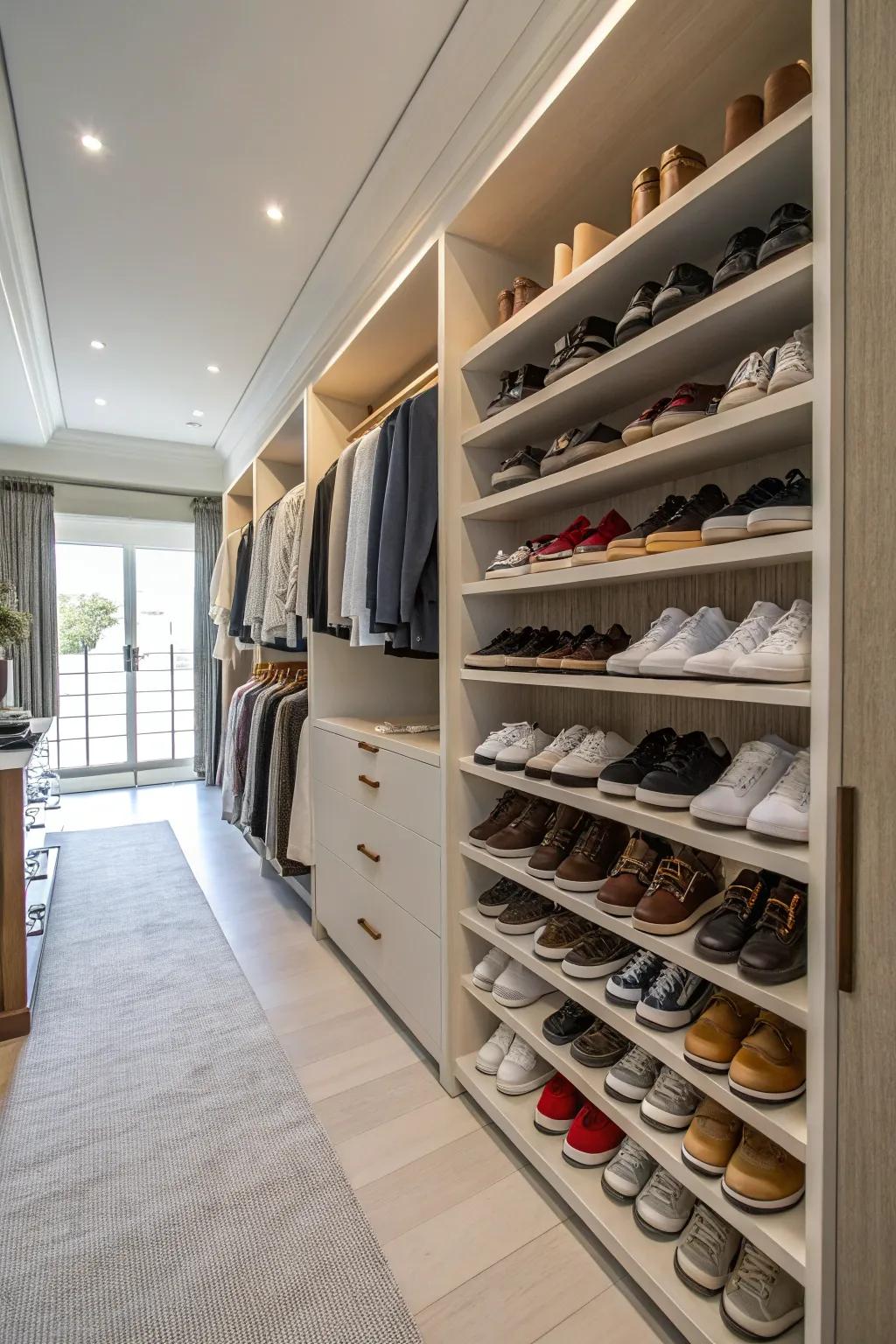 A stylish shoe display makes footwear a focal point in the wardrobe room.