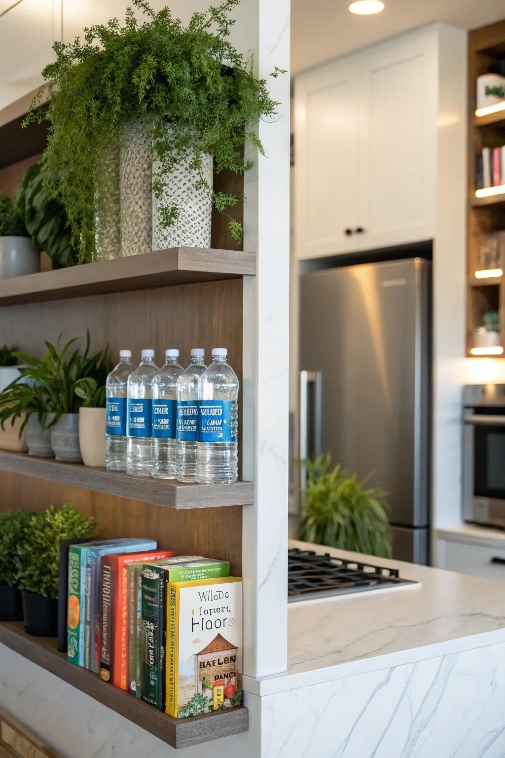 Integrated water bottle display in a built-in shelf