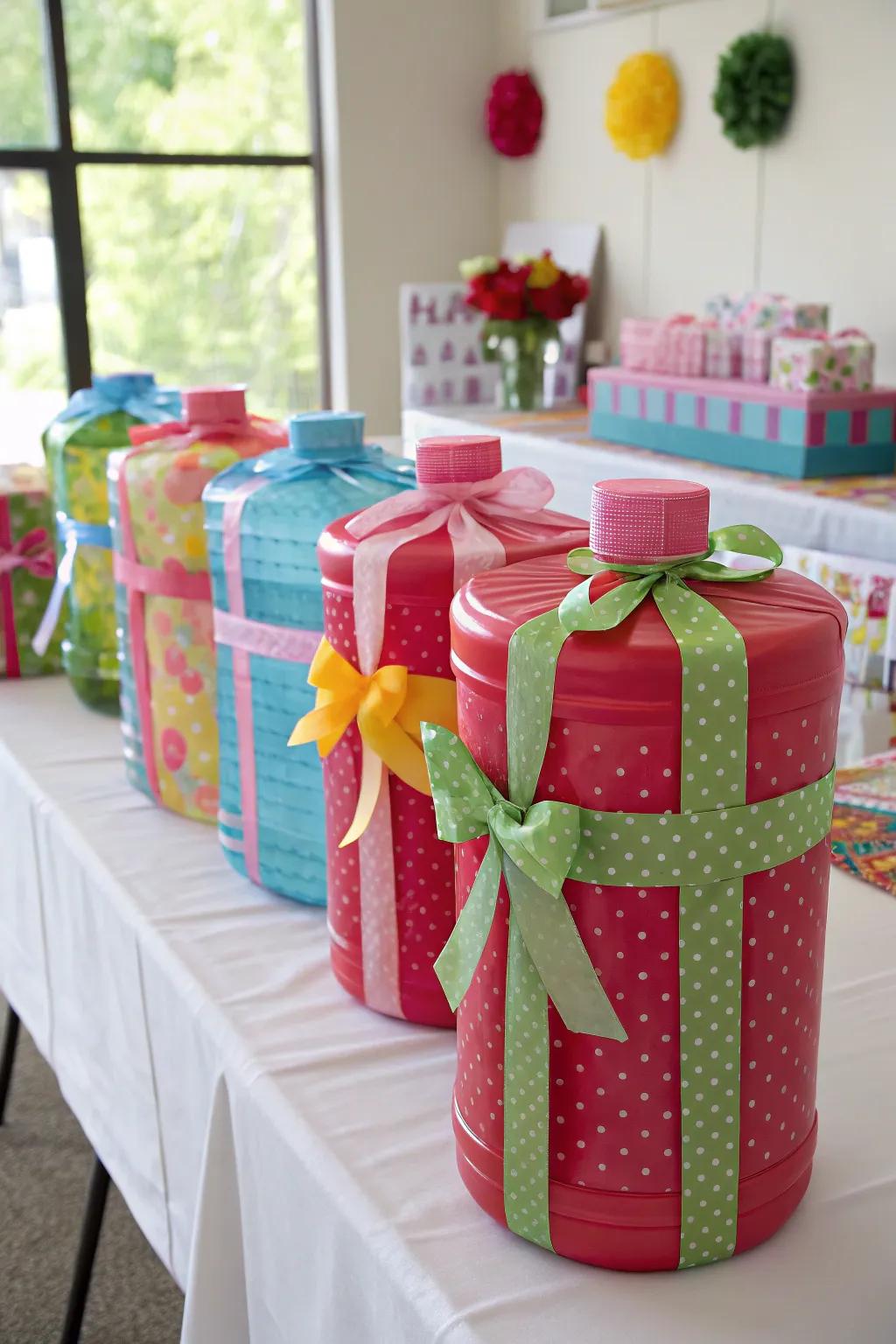 Personalized gift containers crafted from water jugs.