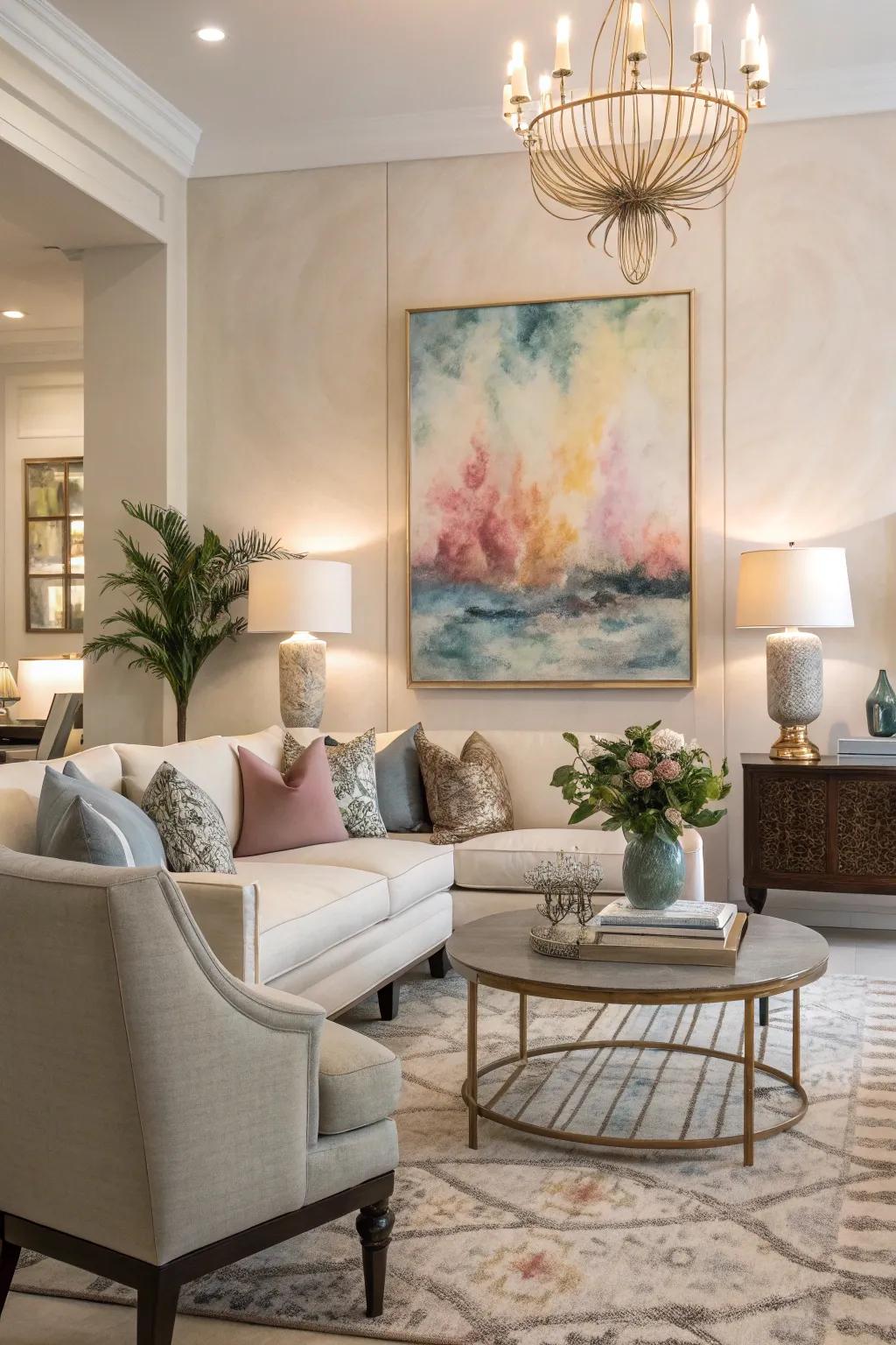 Vignette watercolor background highlights a central decor piece in a stylish living room.