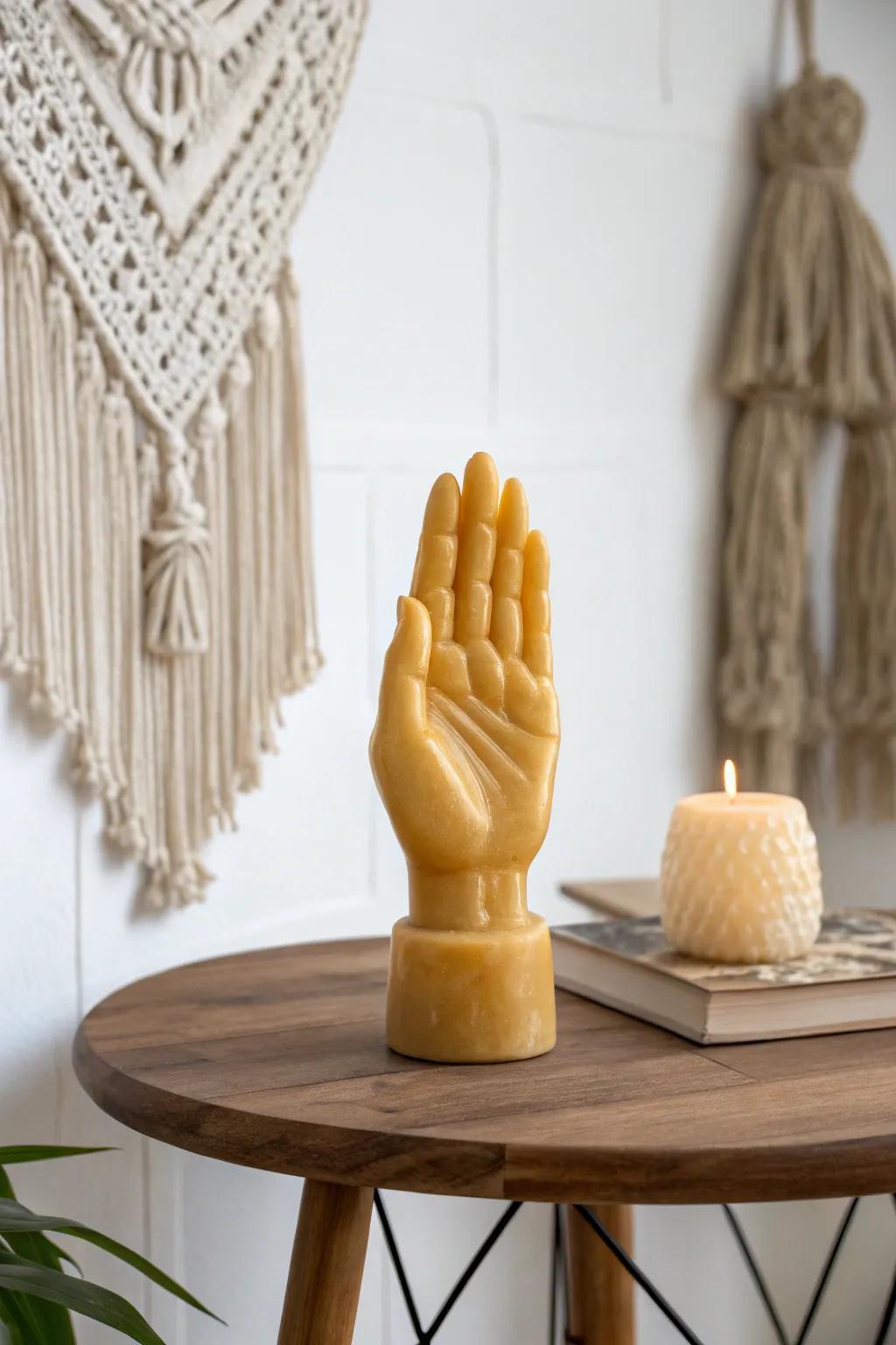 Embrace sustainable artistry with this exquisite beeswax hand sculpture, a perfect blend of simplicity and natural beauty.