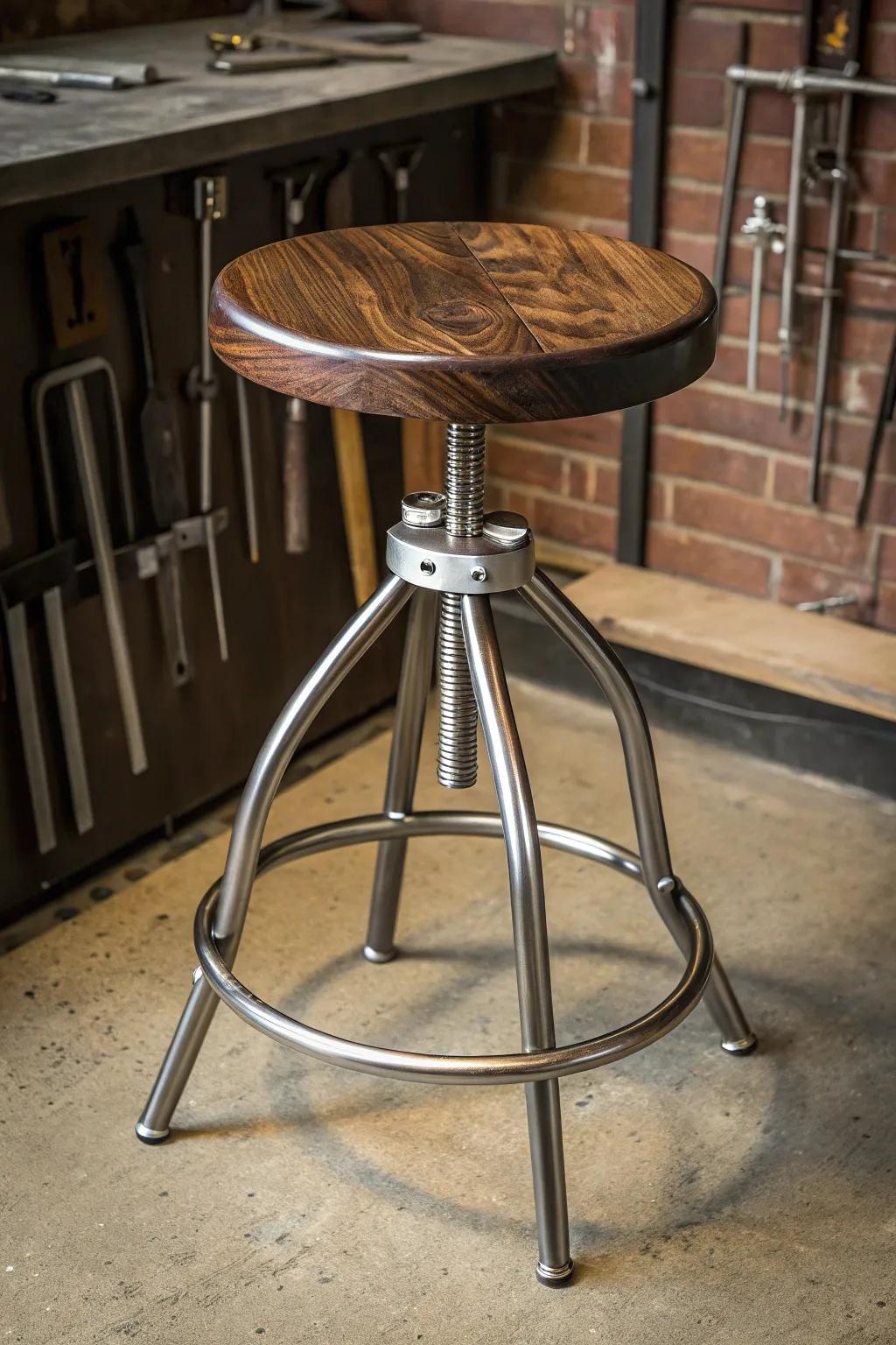 Elevate your space with an interactive masterpiece: the rotating welding stool.