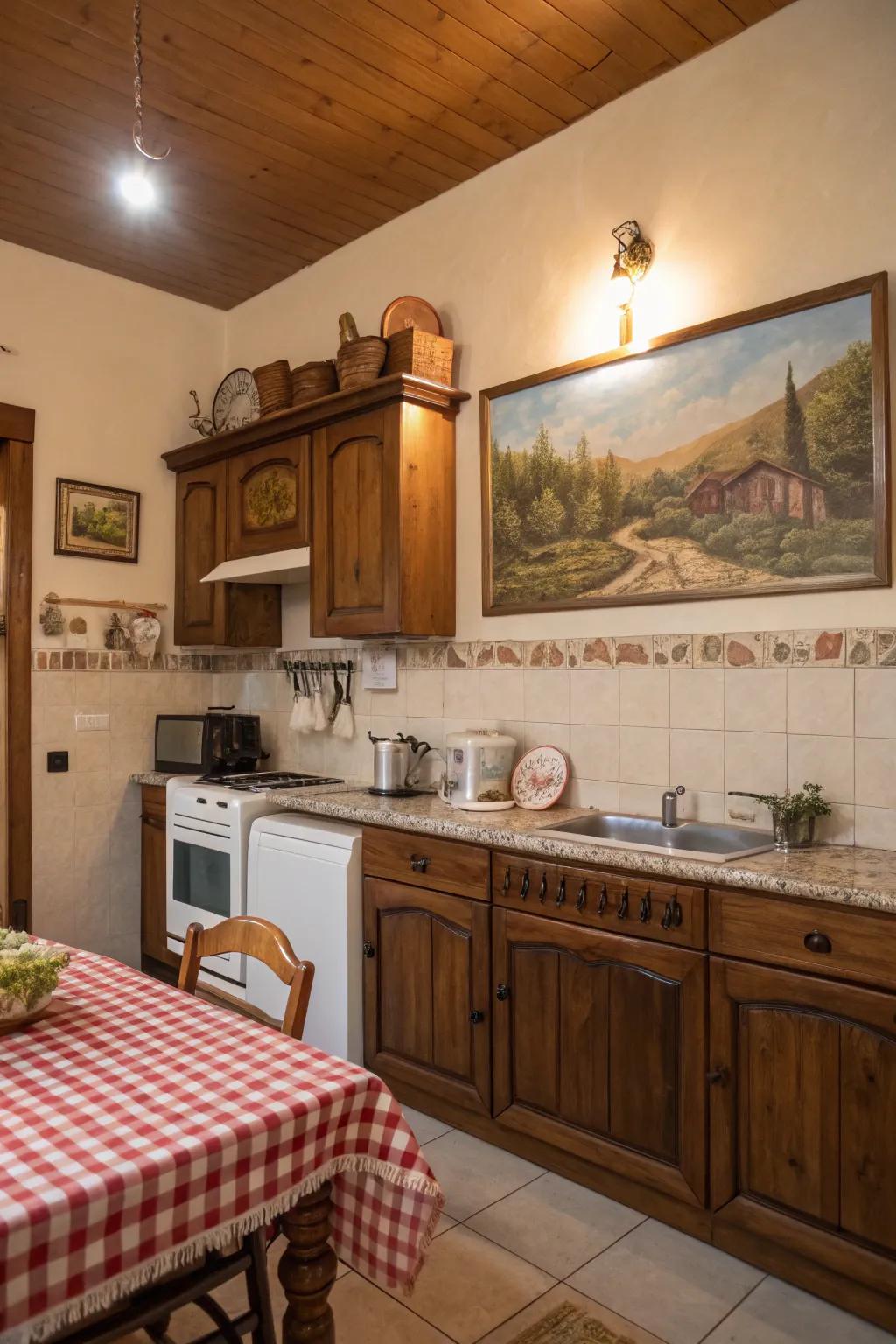 A ranch life painting brings warmth and a pastoral charm to this kitchen.