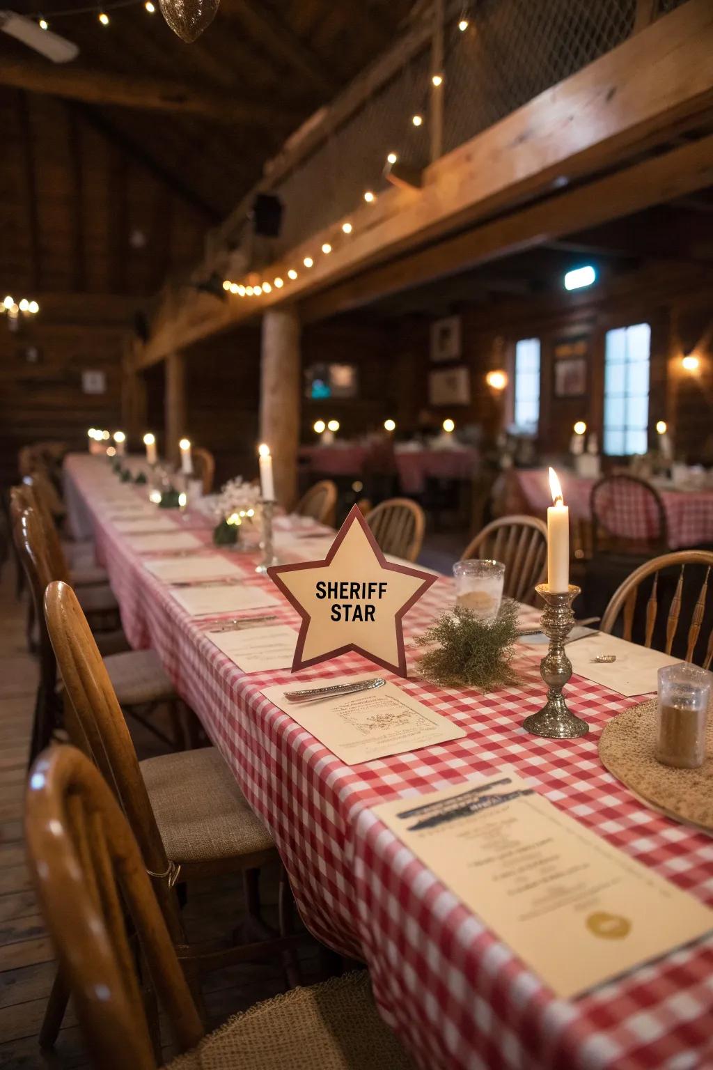 Sheriff star place cards offering a playful Western touch.